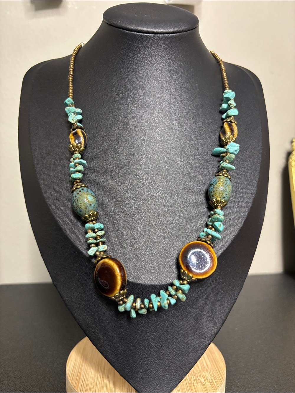 Turquoise Stone Brown Ceramic Bead Statement Necklace Boho Western Jewelry
